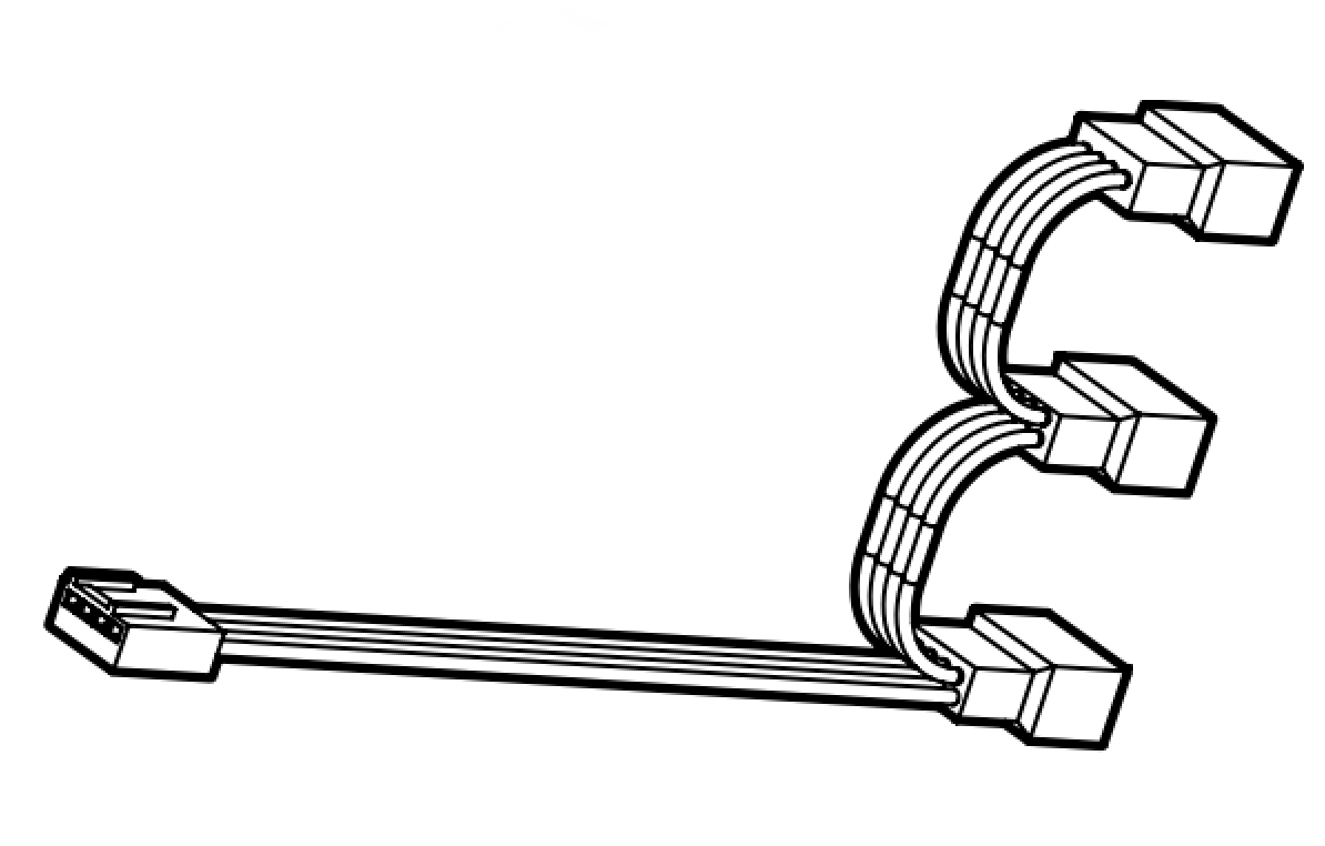 Black and white line drawing of the NZXT Fan Breakout Cable by NZXT, showing one connector on the left branching into four 4-pin connectors on the right—ideal for managing PWM fan cables or NZXT setups, two connectors on each branch.
