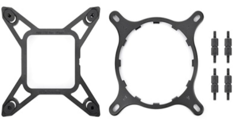 Two black NZXT Kraken X/Z LGA1700 mounting tools—one square, one circular—are displayed side by side with four black screws on a white background. These NZXT brackets are compatible with Kraken X and Z coolers.