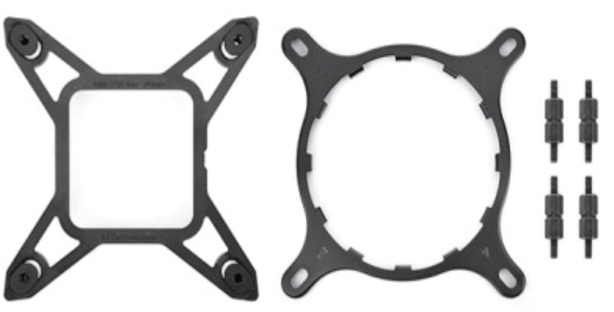 Two black NZXT Kraken X/Z LGA1700 mounting tools—one square, one circular—are displayed side by side with four black screws on a white background. These NZXT brackets are compatible with Kraken X and Z coolers.