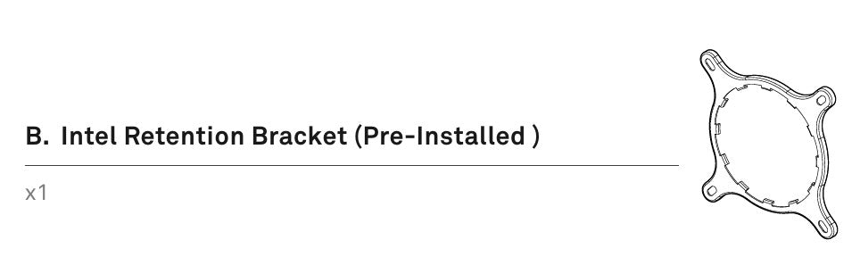 Instruction image of the NZXT Kraken Intel Mounting Tools shows the pre-installed Intel Retention Bracket (x1) with a circular bracket and four mounting points, compatible with multiple SKUs.
