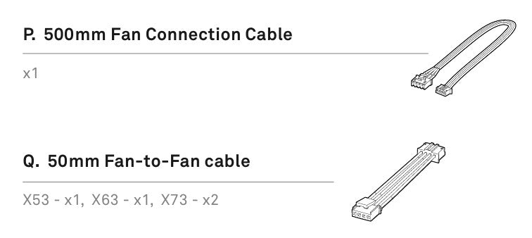 Diagram displays two NZXT Kraken X/Z RGB Cable Bag fan cables: one 500mm fan connection cable and one 50mm fan-to-fan cable (for compatible SKUs like X53, X63, X73), with simple line drawings of each.