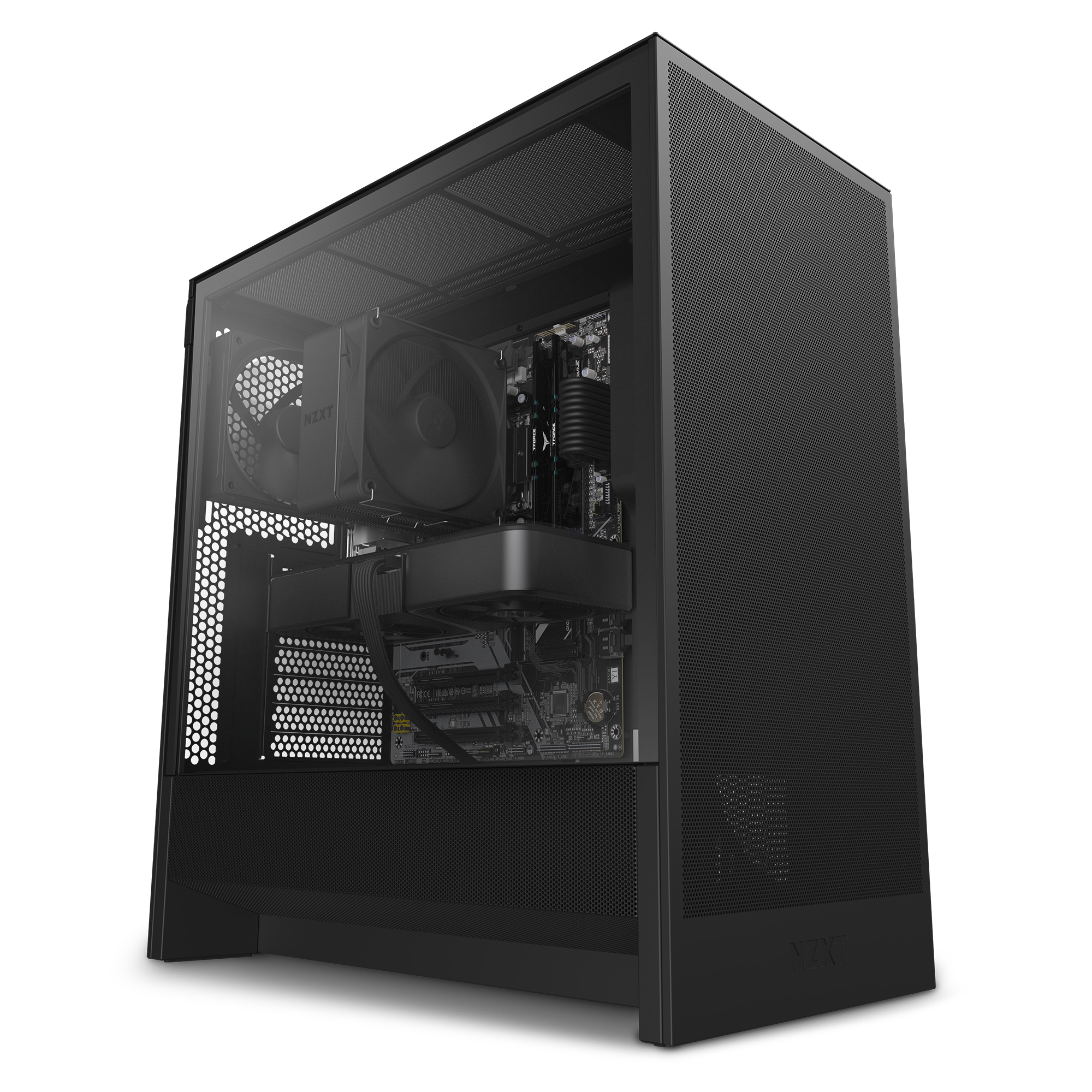 The NZXT Refurbished Player One Base - #8696 is a black prebuilt PC with transparent side panel, displaying its large fan, motherboard, and graphics card. Set against a white background. Includes 2-year warranty for peace of mind.