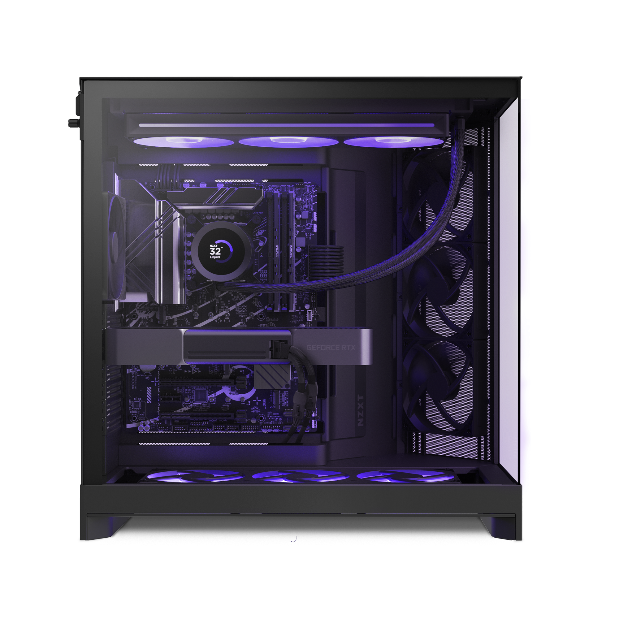 The NZXT Player Three Prime is a high-performance gaming PC with purple LEDs, visible motherboard, cooling fans, RTX 5090 GPU, and liquid cooling inside a black tempered glass case for the ultimate 4K gaming experience.