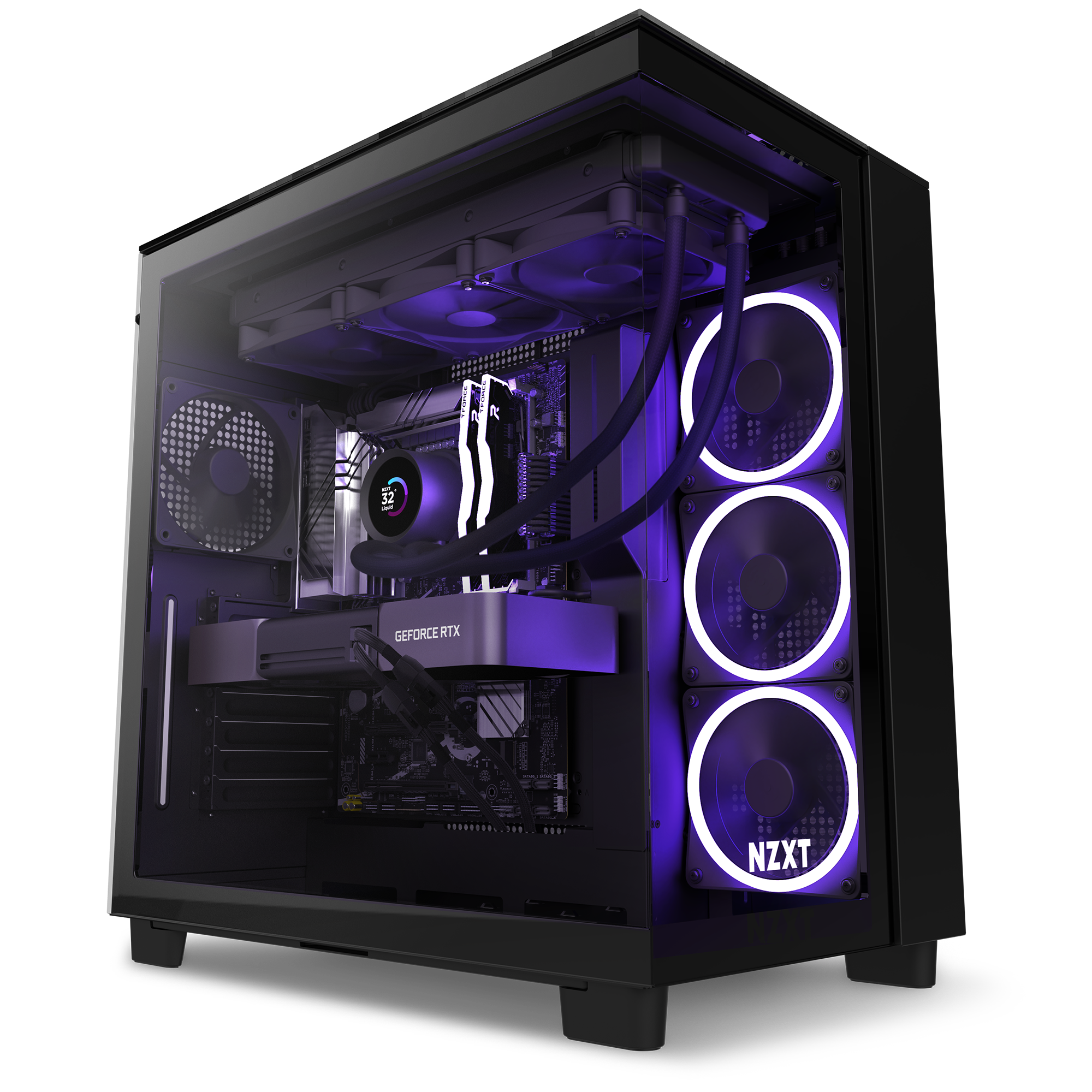 The NZXT Refurbished Custom Build - #8699 is a black gaming PC with purple LED lighting, visible cooling fans, a GeForce RTX graphics card, and an NZXT logo on the tempered glass front panel.