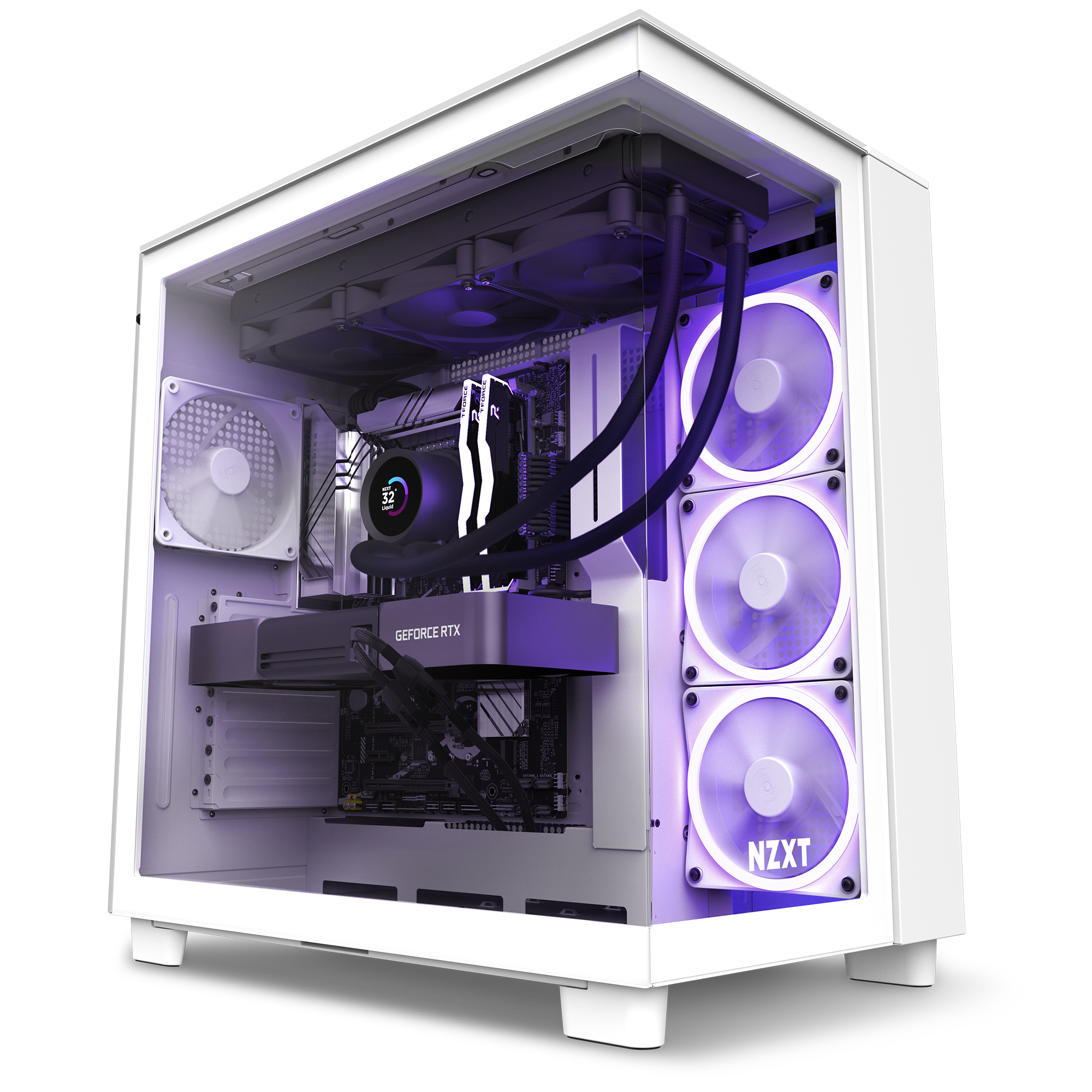 The refurbished Player Three Prime (#8466) by NZXT is a white gaming PC case with a side glass panel, showcasing RGB-lit fans, a GeForce RTX GPU, liquid cooling tubes, and purple lighting.