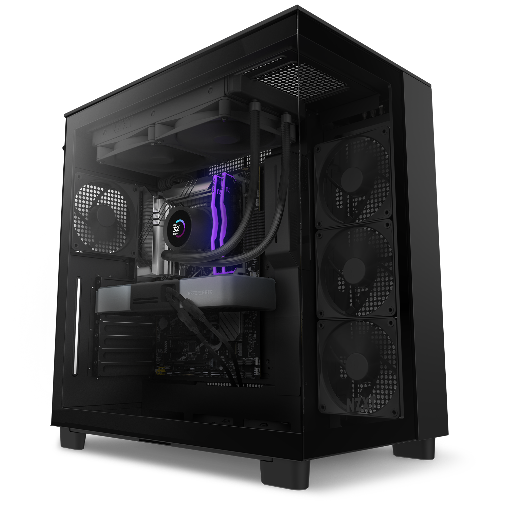 The NZXT Player Three PC tower features a black case with a transparent side panel, showcasing RGB lighting, three front fans, liquid cooling, and tidy cables—delivering top-tier gaming performance.
