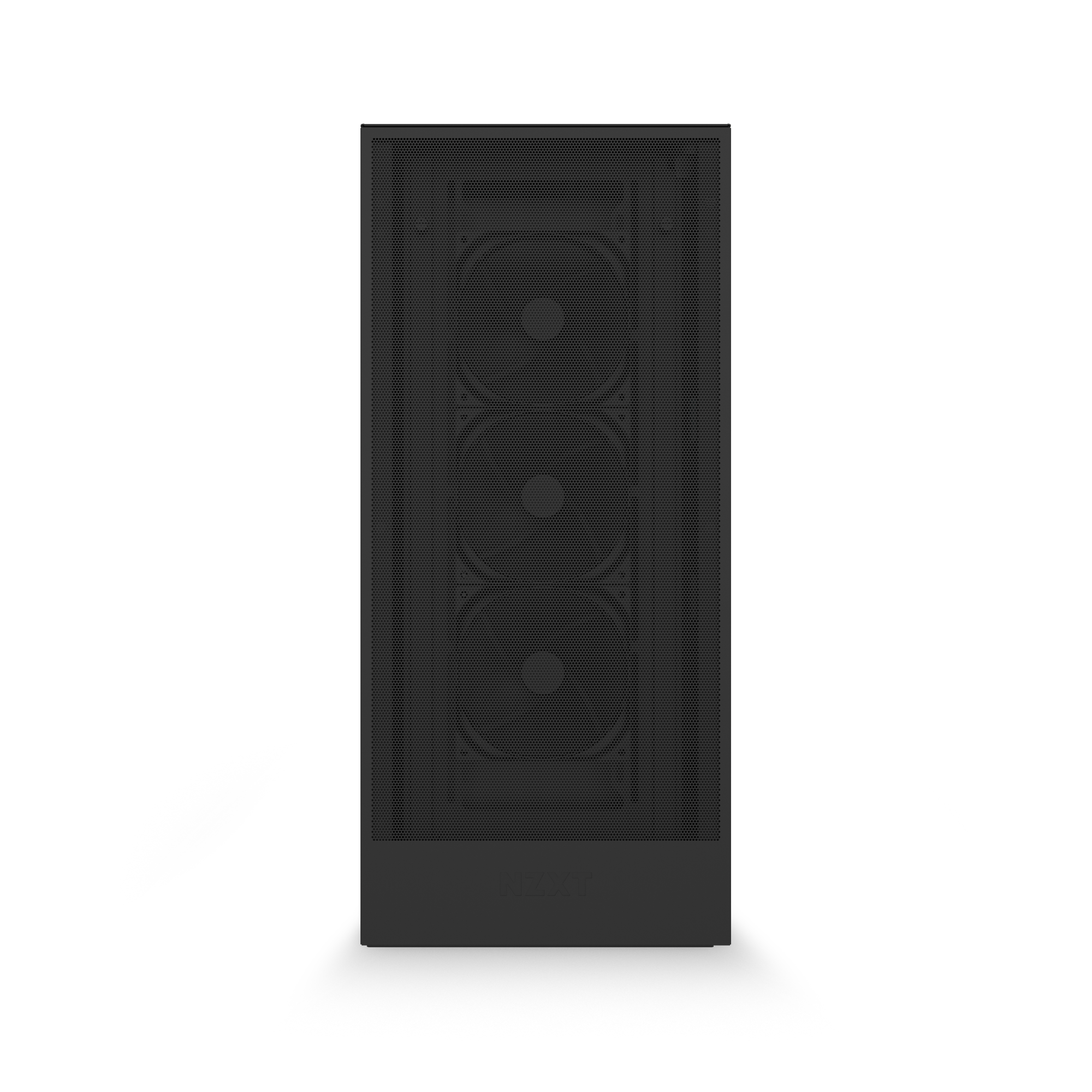 Front view of the NZXT Player Two gaming PC case in black, showcasing a mesh panel with three vertically aligned cooling fans visible behind it.