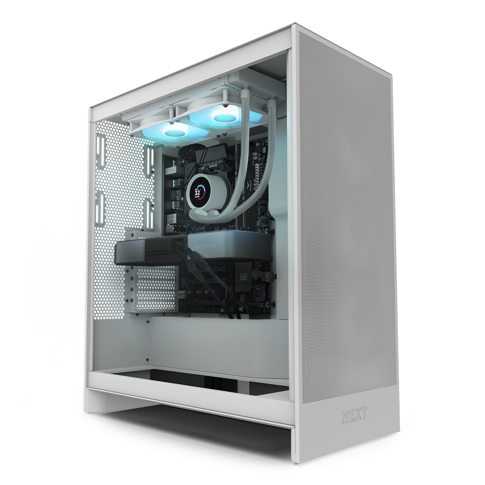 The NZXT Player Two Prime is a sleek white gaming PC case with a transparent side panel, showcasing liquid cooling with blue LED fans, an NVIDIA GeForce RTX 5070 Ti graphics card, and tidy cable management.