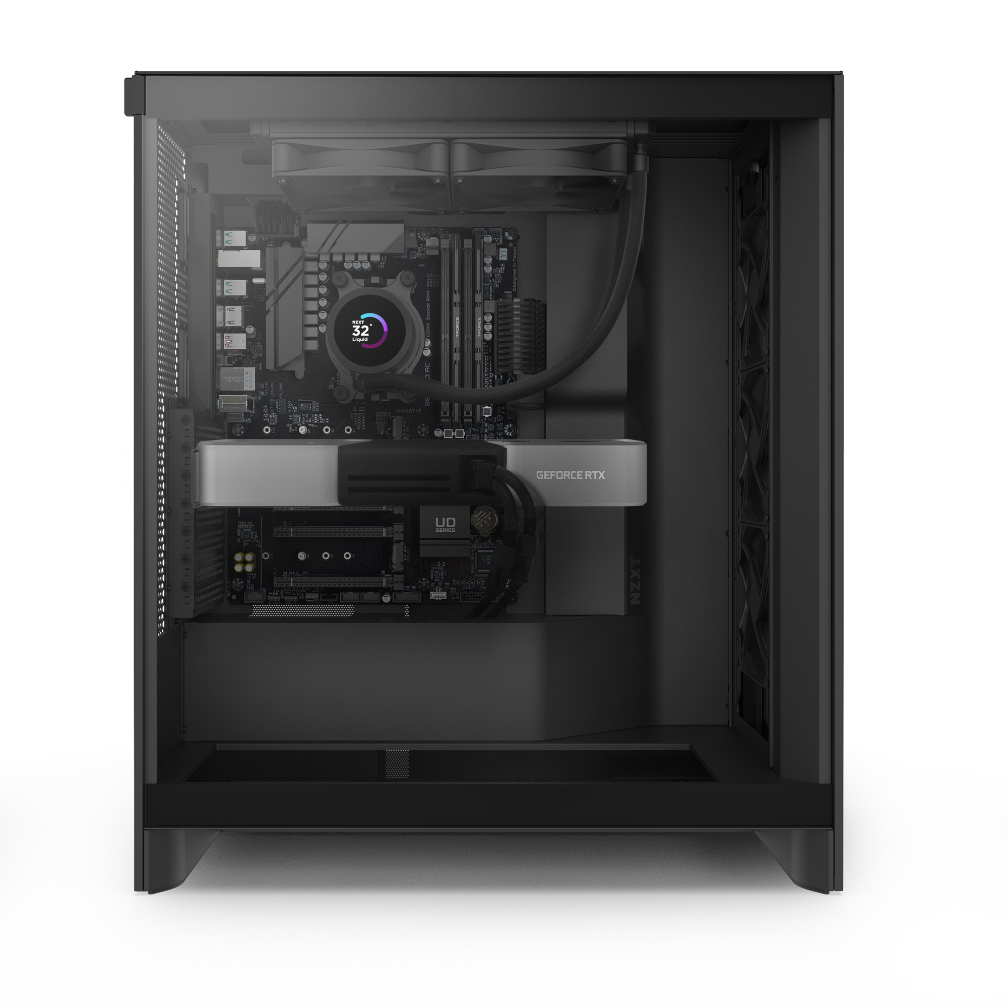 The NZXT Player Two is a black gaming PC case with a clear interior displaying the motherboard, AIO liquid cooler with digital display, GeForce RTX graphics card for real-time ray tracing, and neat cable management.