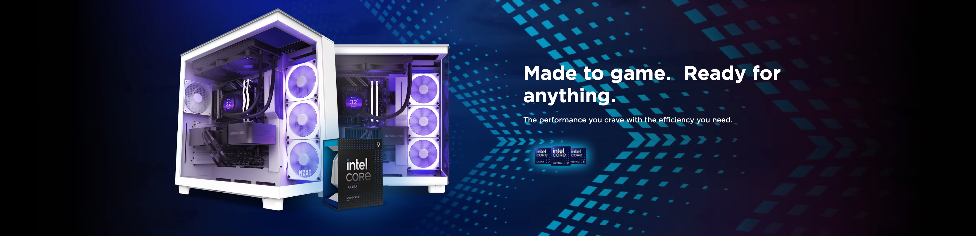 Two gaming PCs with purple LED lights, an Intel Core processor box, and Intel Optane Memory modules are displayed on a digital blue background with the text: Made to game. Ready for anything.