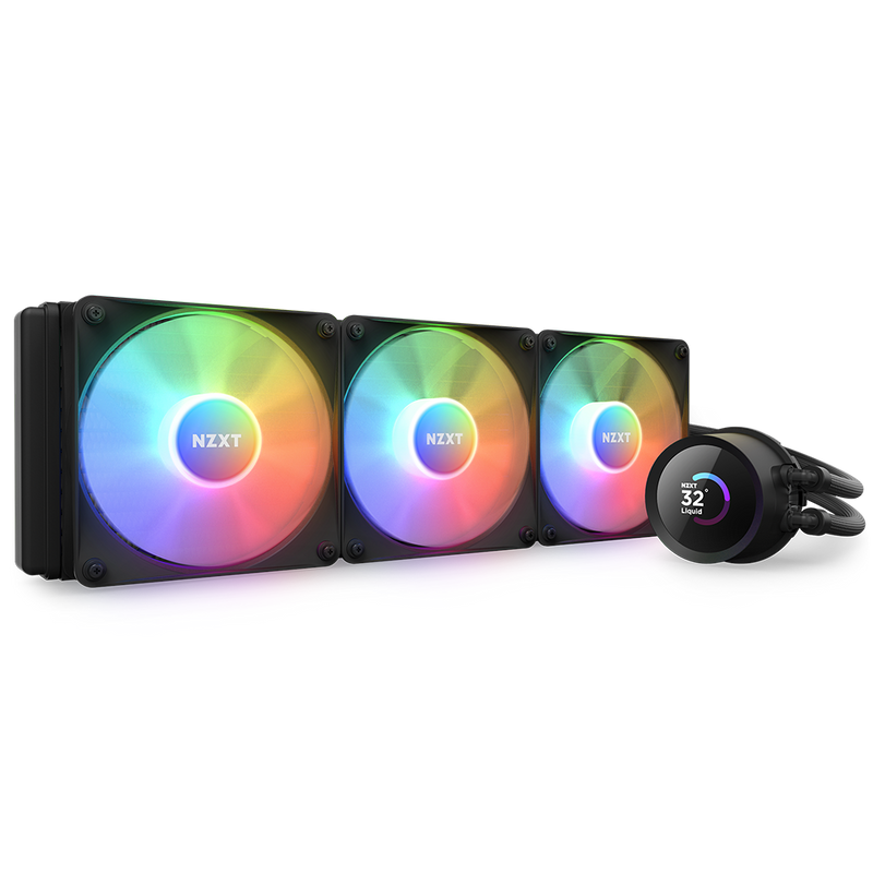 The NZXT Kraken 360 RGB is a triple-fan liquid cooler featuring vibrant RGB lighting and an LCD screen pump showing 32°C. Its black tubing, fans, and pump provide optimal cooling and integrate seamlessly with NZXT CAM software.
