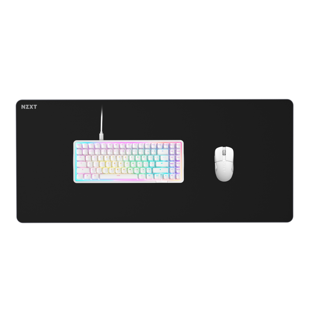 An NZXT Zone Elite XXL black desk mat topped with the NZXT Function Elite MiniTKL pastel rainbow mechanical keyboard (with Magnetic Switches, Adjustable Actuation) and an NZXT Lift Elite Wireless white mouse side by side.