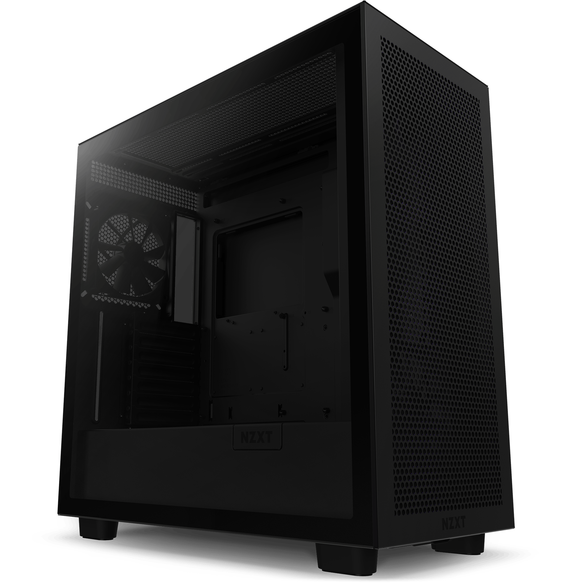 The NZXT H7 Flow (2022) + Kraken Elite 360 is a black mid-tower case featuring a mesh front, side ventilation, and a transparent window that partially reveals the interior and rear exhaust fan for enhanced thermal performance.