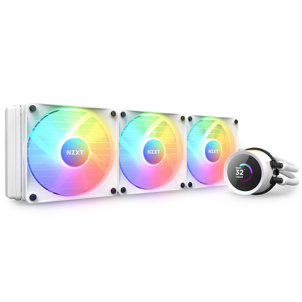Three NZXT Kraken 360 RGB cooling fans in white are mounted horizontally on a radiator, with a round LCD showing 32°C, connected by white tubes and displaying colorful LED lights for optimal cooling.
