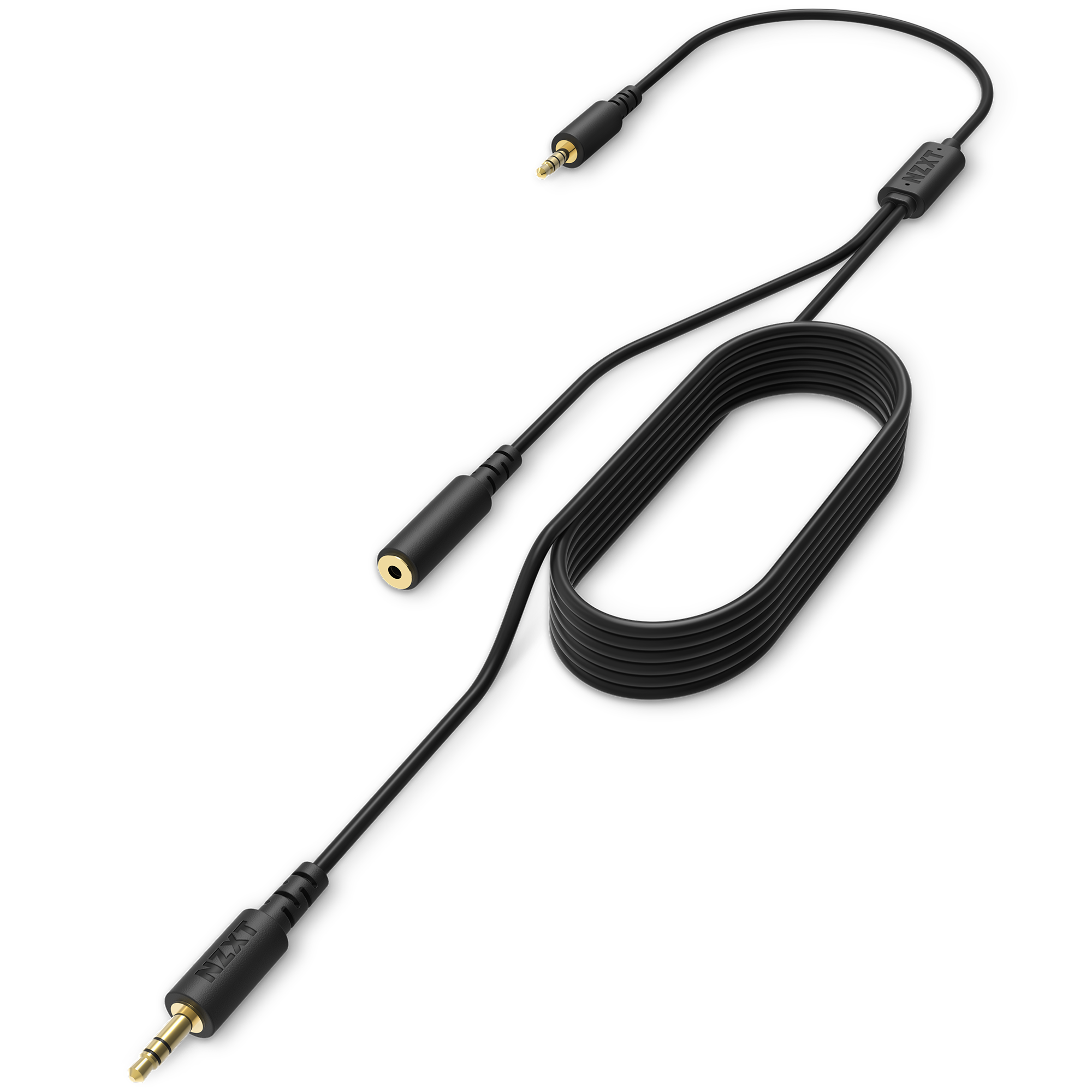 The NZXT Chat Cable is a black, flat audio extension cable with a 3.5mm male connector, 3.5mm female jack, and extra short auxiliary male plug—perfect for party chat or plug-and-play setups.