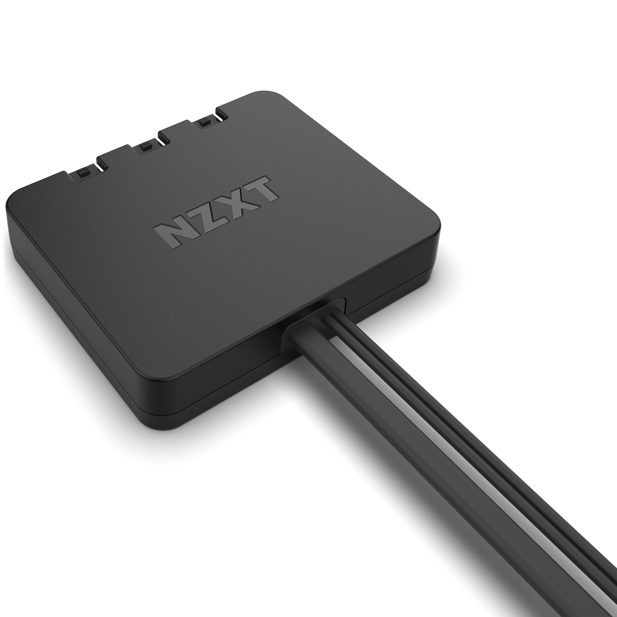 The NZXT F120 RGB Core Triple Pack fan controller, shown in black with three cable ports and connected wires, is designed for RGB Core Fans and works with NZXT CAM software, displayed on a white background.