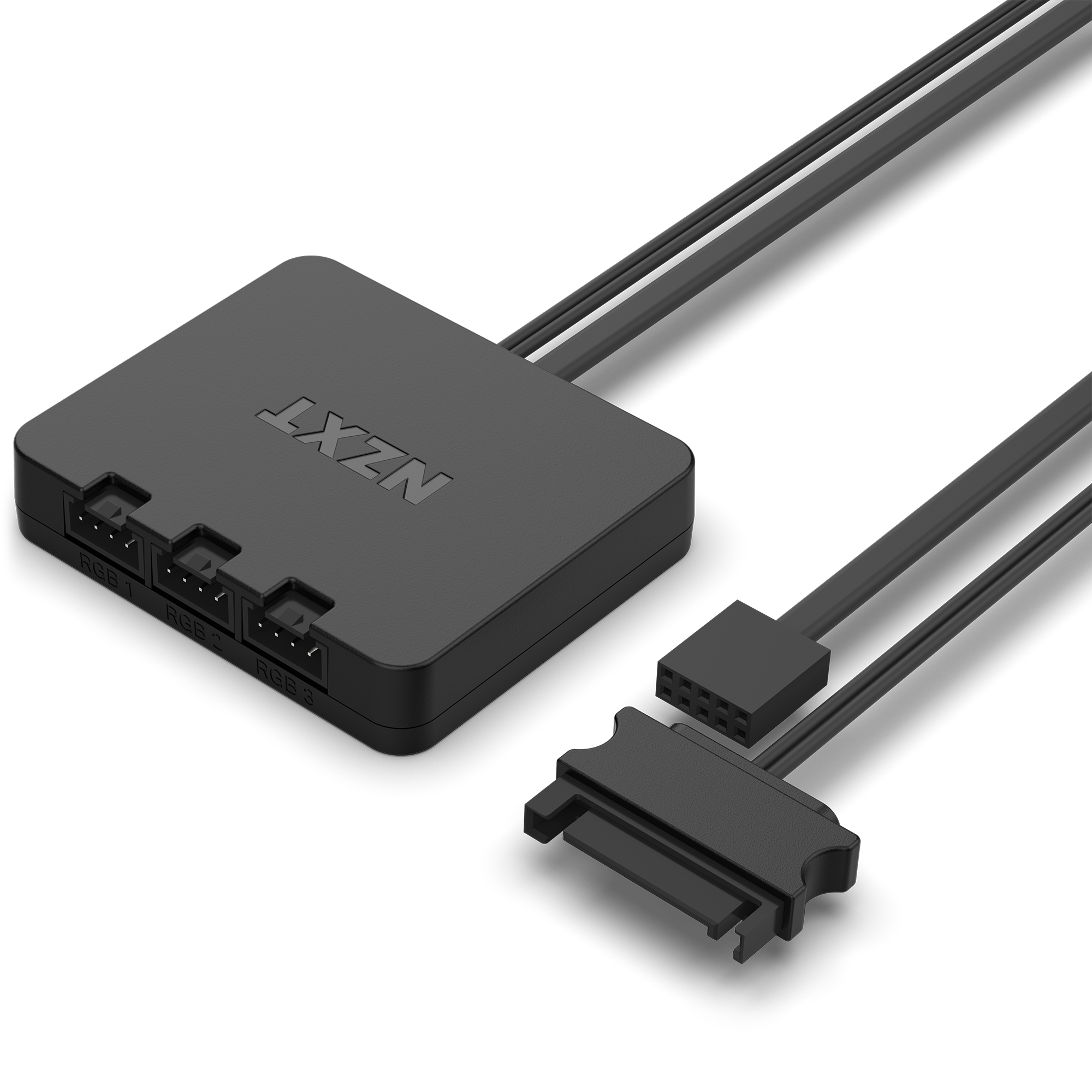 The NZXT F120 RGB Core Triple Pack is a black device with three labeled ports and attached cables, including SATA power and USB header connectors, designed for PC integration and RGB Core Fan control via NZXT CAM software.