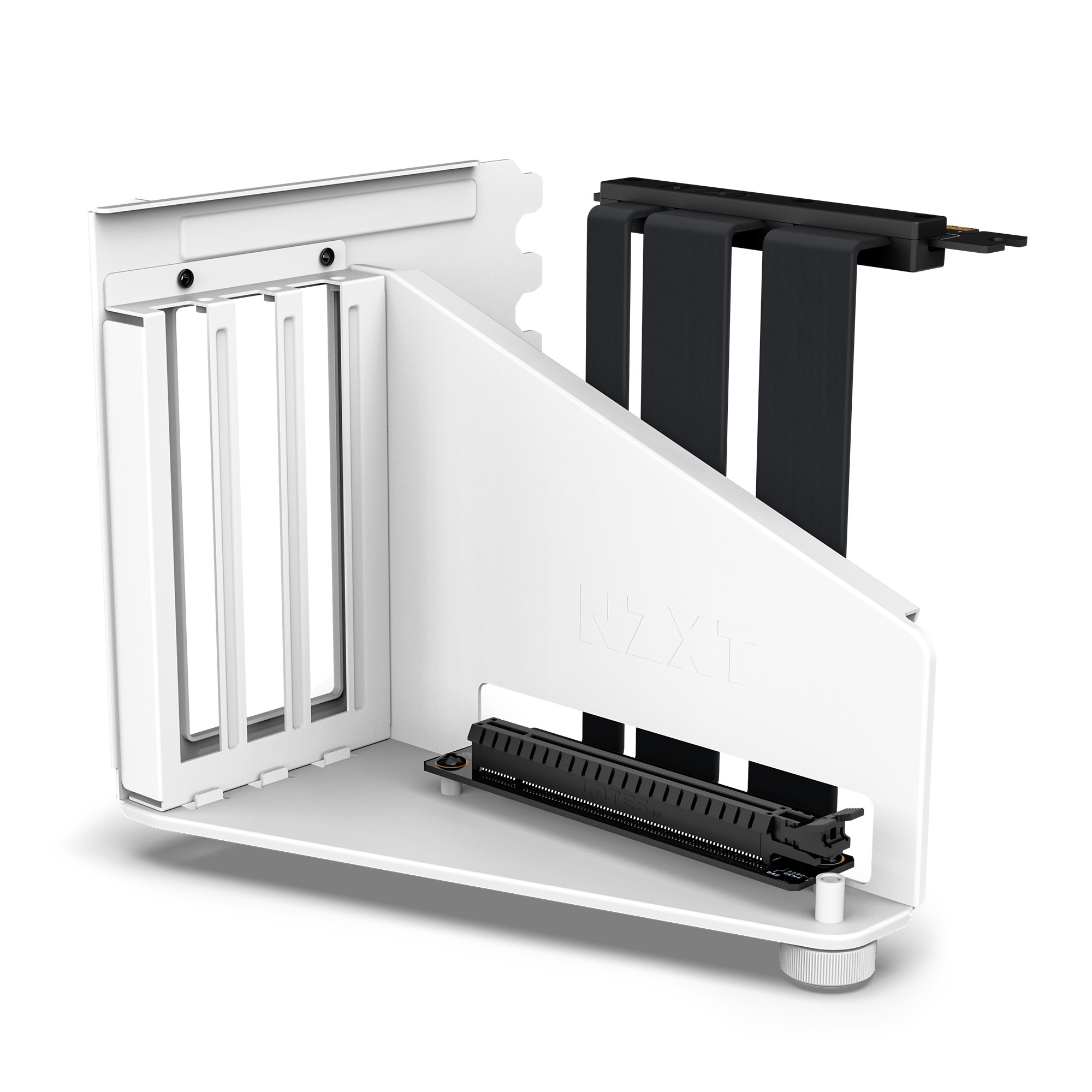 The NZXT Vertical GPU Mounting Kit is a white bracket with PCIe slots and a PCIe 4.0 riser cable, designed to vertically mount GPUs in NZXT H5, H6, H7, and H9 Series cases.