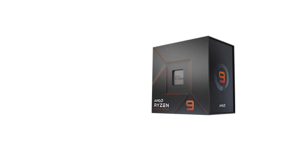 AMD Ryzen 7000 Series logo next to a black product box displaying the Ryzen 9 processor branding and number 9 on the front.