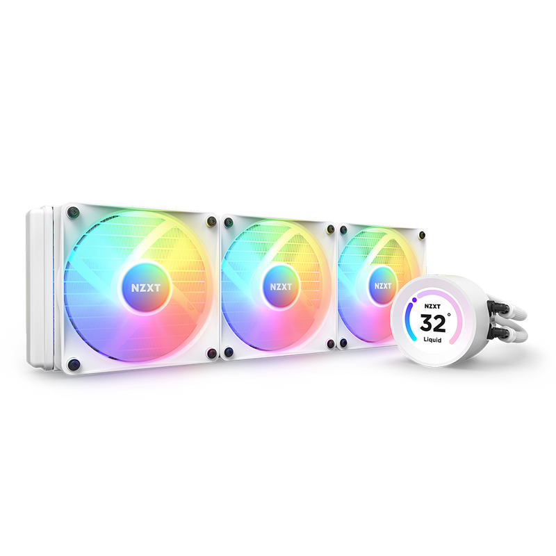 The NZXT Kraken 360 Elite RGB (2023) is a white liquid CPU cooler with three RGB-lit fans and a round display showing NZXT 32° Liquid. Both the fans and display feature vibrant, colorful lighting effects.