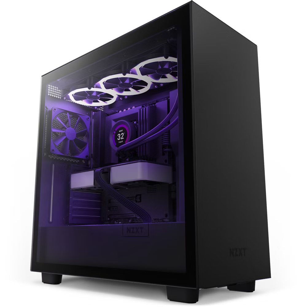 A black NZXT gaming PC case with a glass side panel reveals internal components, including LED-lit cooling fans, liquid cooling tubes, and purple lighting illuminating the hardware inside.