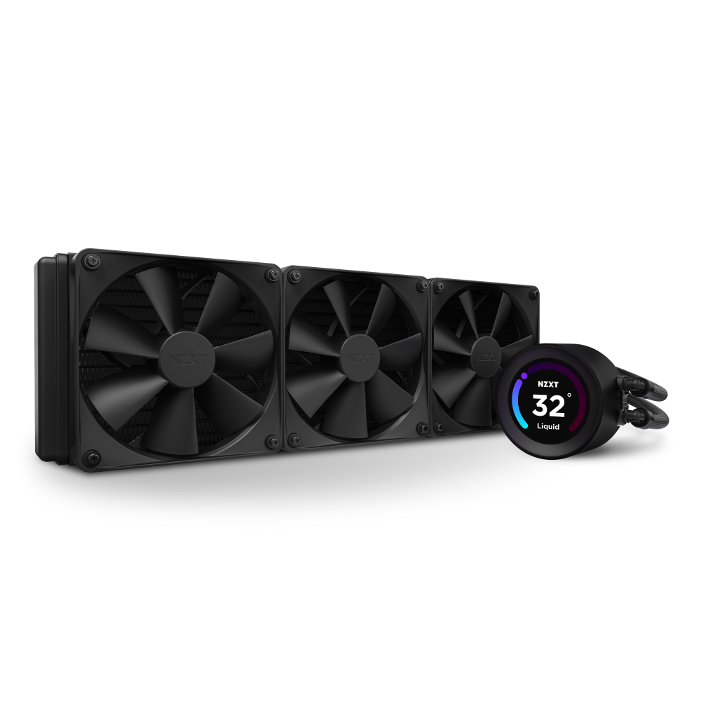 The NZXT Kraken Elite 360 (2023) is a black liquid CPU cooler with three large fans and a round pump displaying 32° Liquid on its digital screen, shown angled against a plain black background.