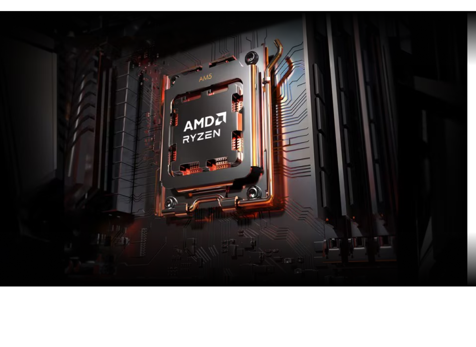 Close-up of an AMD Ryzen processor installed on a motherboard, with visible circuitry and metallic components highlighted by dramatic lighting.