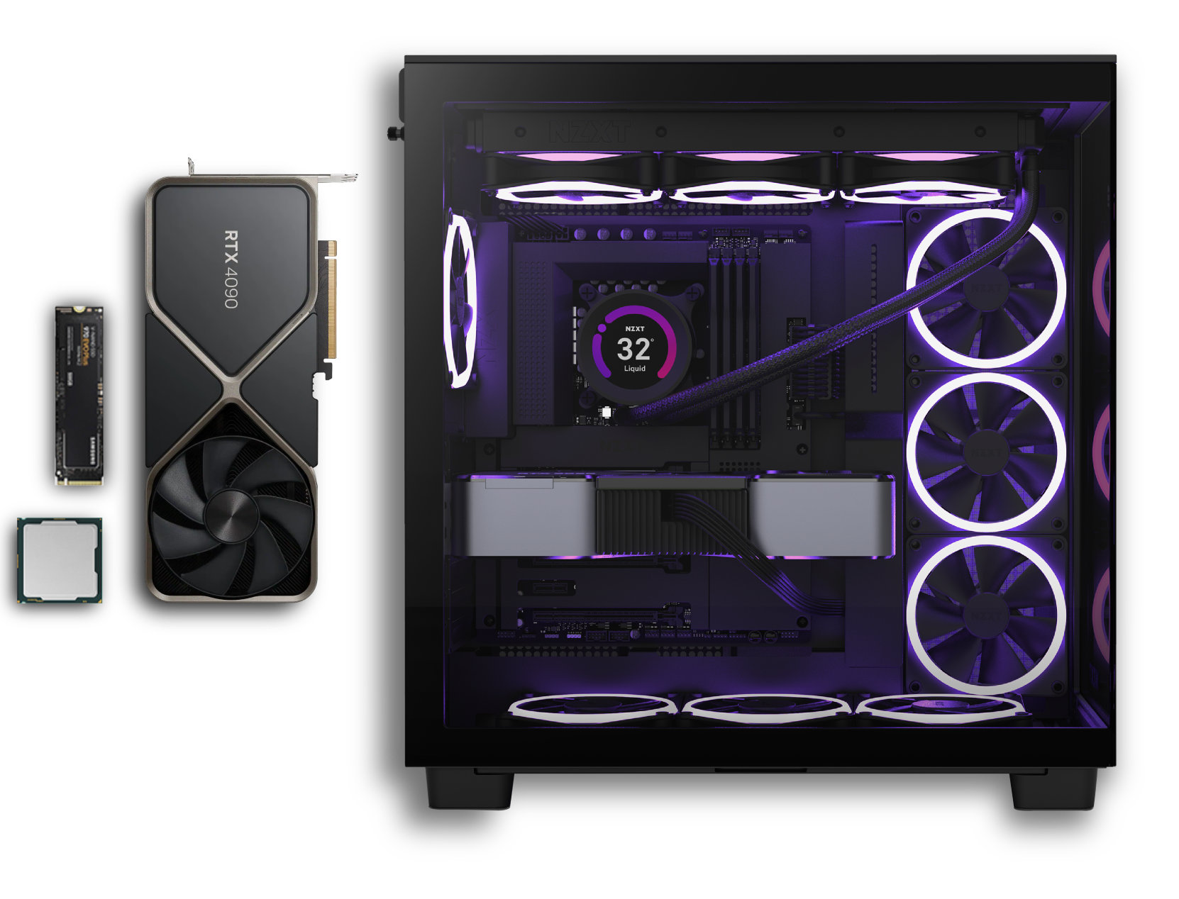 A desktop computer case with RGB-lit fans and components inside, shown next to a graphics card, a stick of RAM, a solid-state drive, and a CPU, all arranged neatly on a black background.
