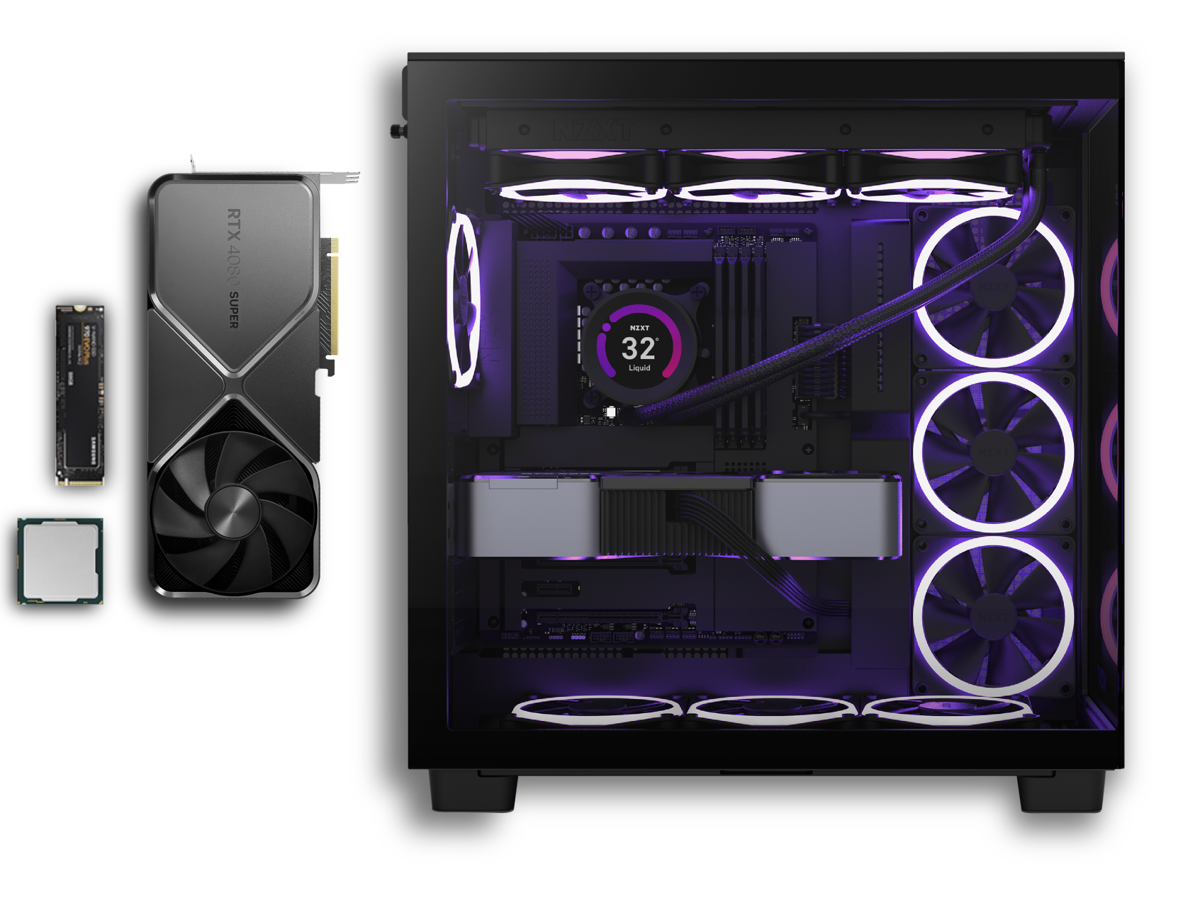 A desktop PC case with RGB fans and components visible, next to a graphics card, a CPU, and an SSD placed outside the case on the left. The PC interior is illuminated with purple lighting.