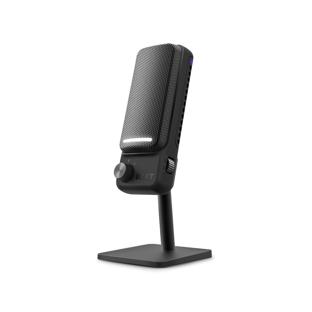 The NZXT Capsule Elite is a black desktop mic with a mesh grille on a rectangular stand, offering customizable sound through its control knob and switch, and features an eye-catching purple light along the side.