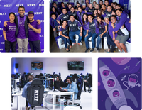A collage of photos: three groups of people wearing purple NZXT shirts posing together, two people playing games at computers, and a purple cartoon illustration of astronauts in rockets.