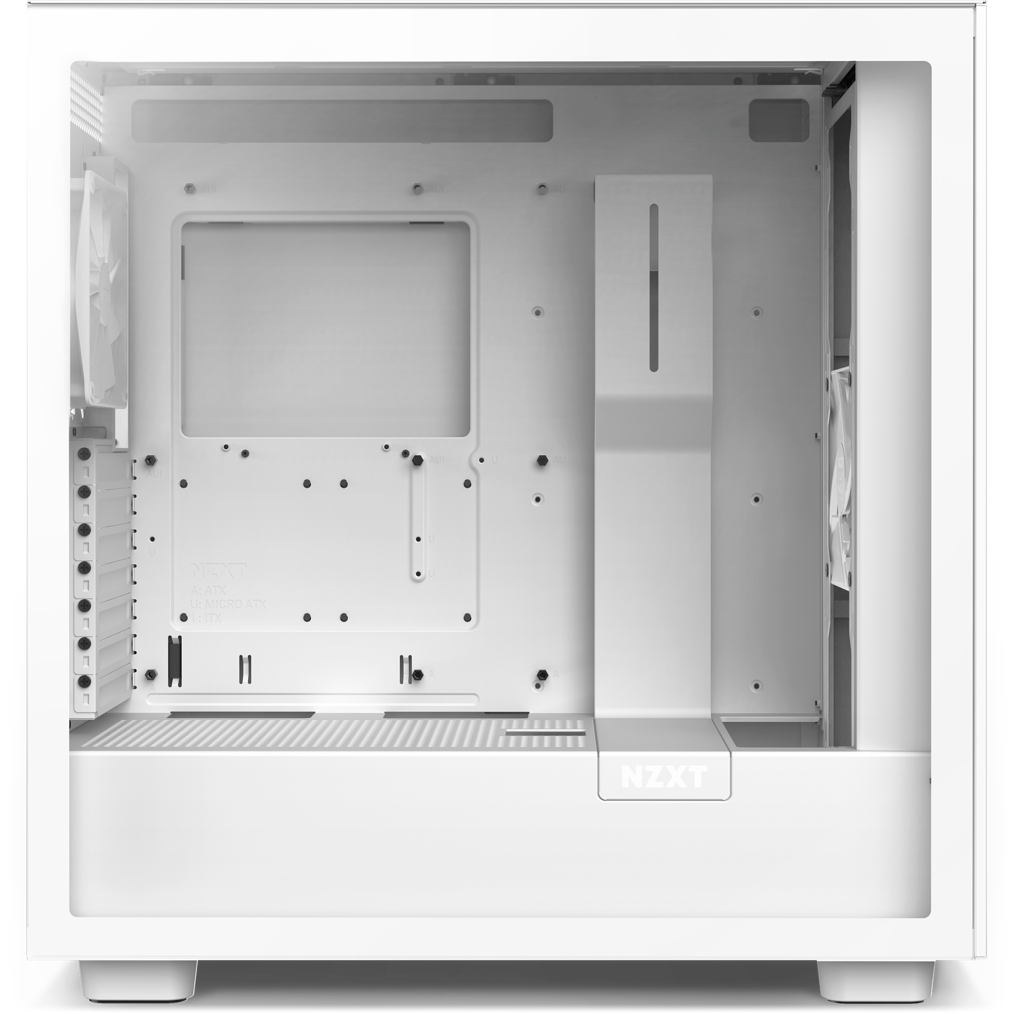 The NZXT Refurbished Player Three Base (#8693) is a white computer case with a transparent side panel, empty interior, visible mounting points, and cable management—ideal for Certified Refurbished Gaming PCs or Prebuilt PCs.