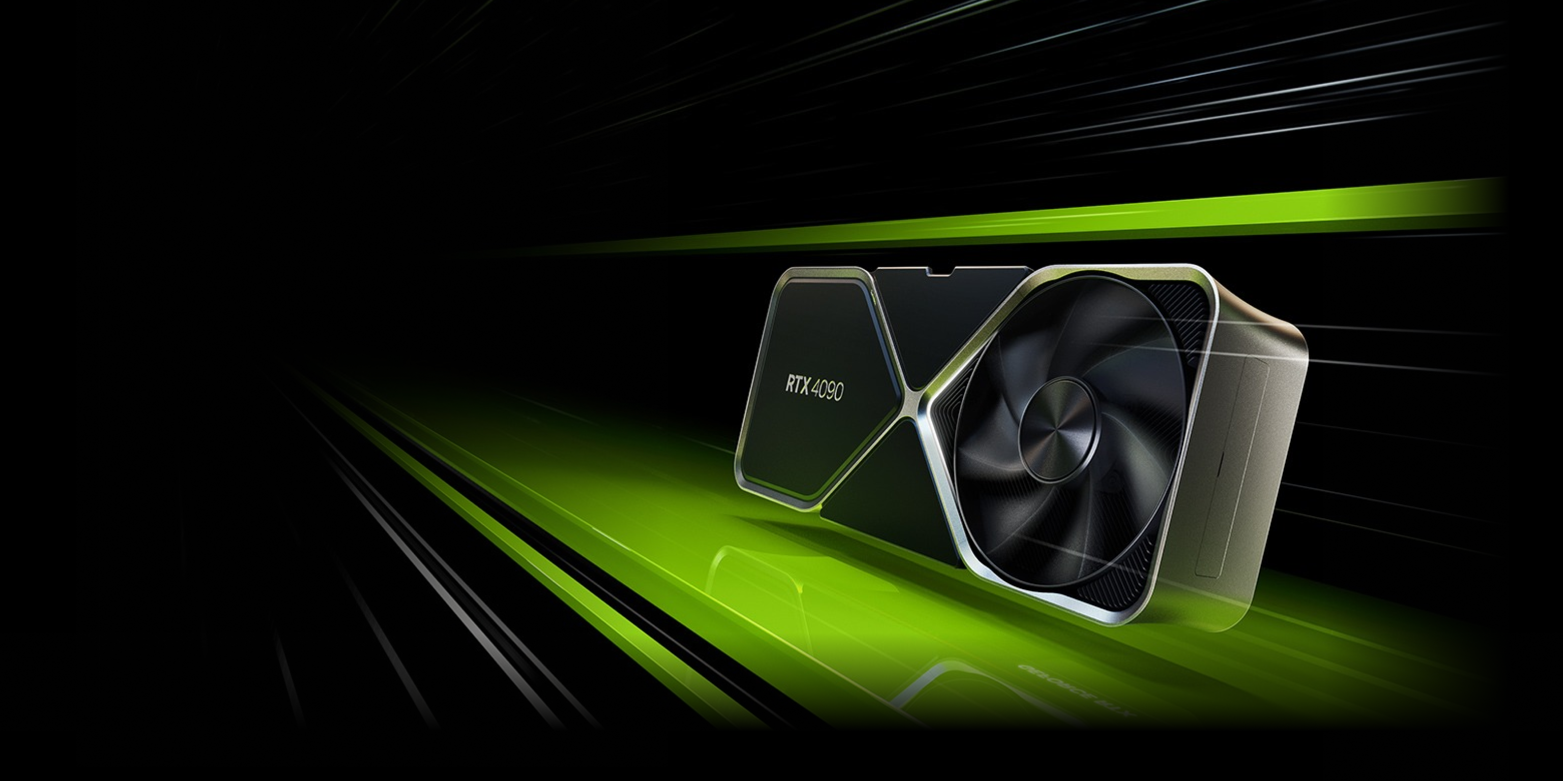 A graphics card labeled RTX 4090 is displayed at an angle, with dynamic green and black streaks in the background emphasizing speed and advanced technology.