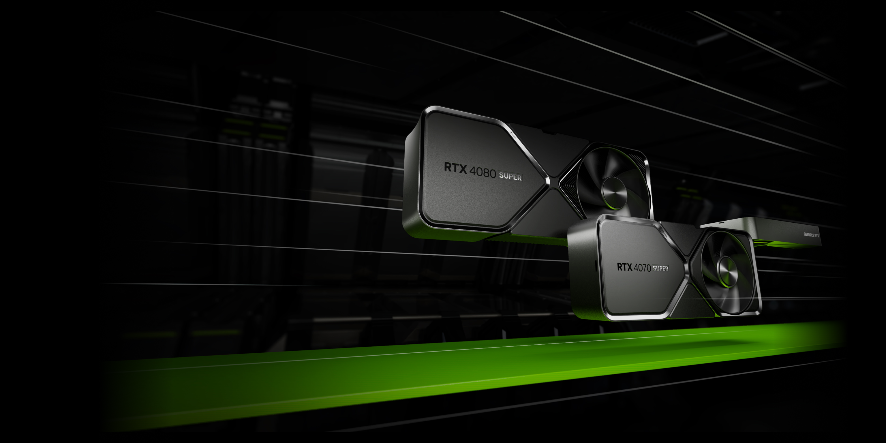 Two NVIDIA graphics cards labeled RTX 4060 SUPER and RTX 4070 SUPER float against a dark, high-tech background with green accents and horizontal lines.