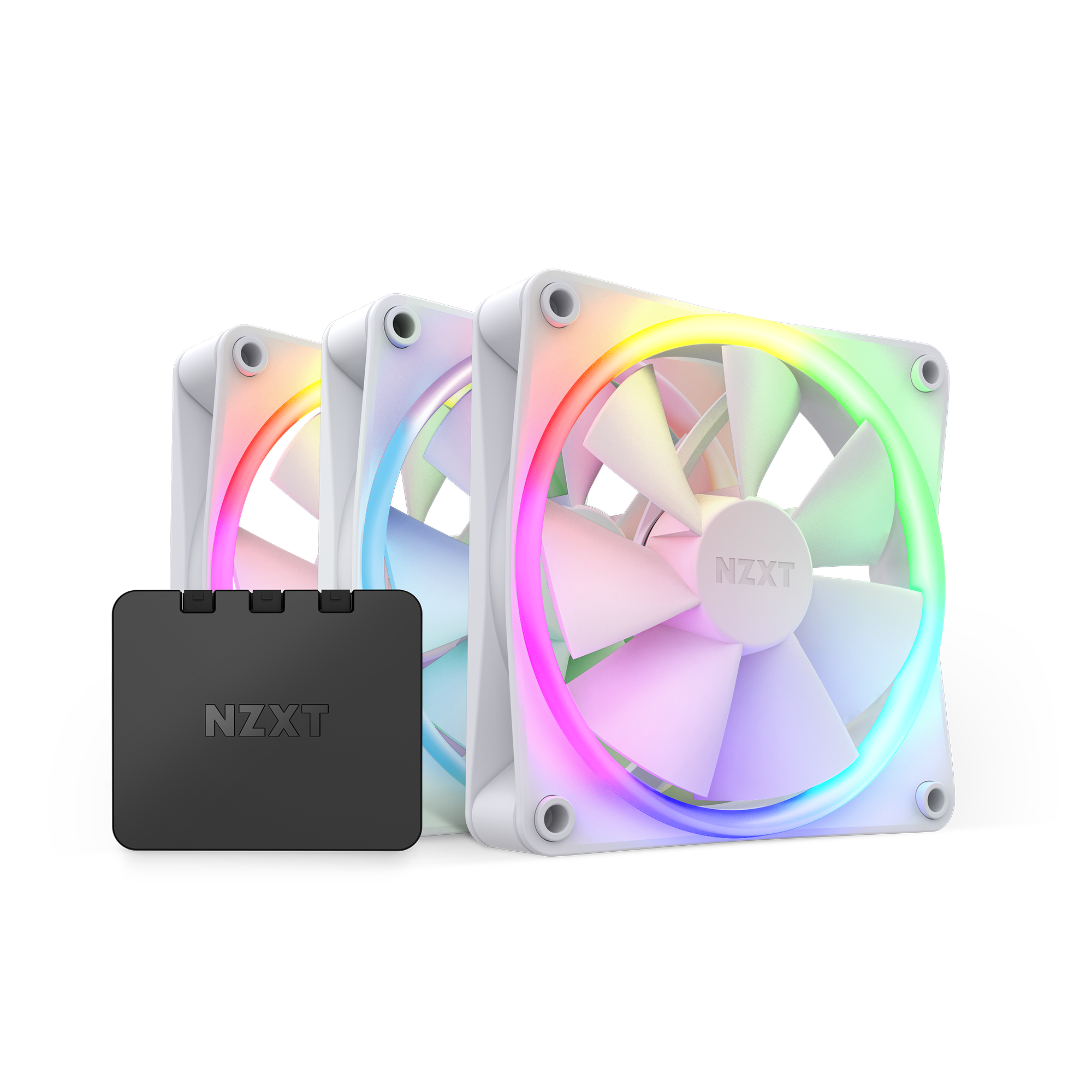 The NZXT F120 RGB Triple Pack, featuring three white fans with customizable lighting and Fluid Dynamic Bearing tech, comes with a black controller box. Settings are managed effortlessly using intuitive NZXT CAM software. Displayed on a white background.
