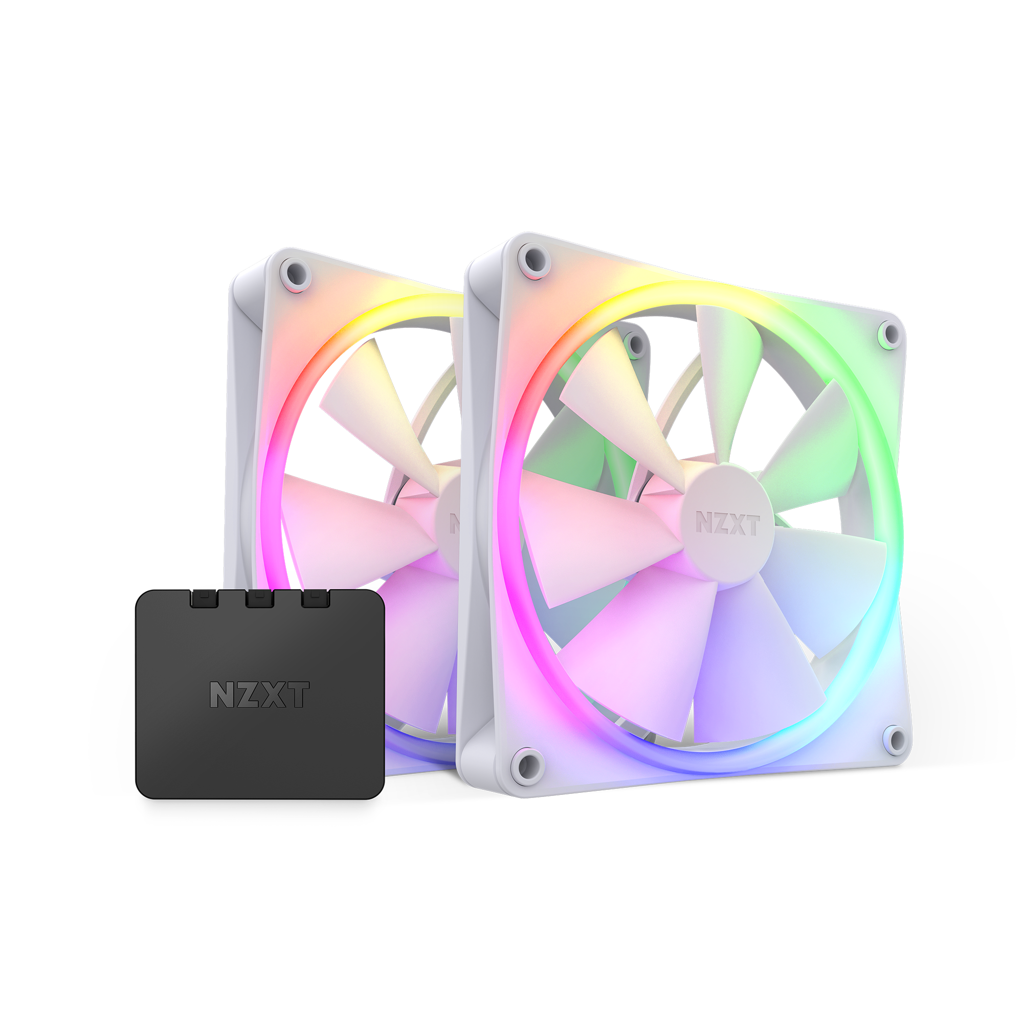 The NZXT F140 RGB Twin Pack shows two white fans with vibrant RGB lighting side by side, plus a black NZXT controller in front for easy customization through NZXT CAM.
