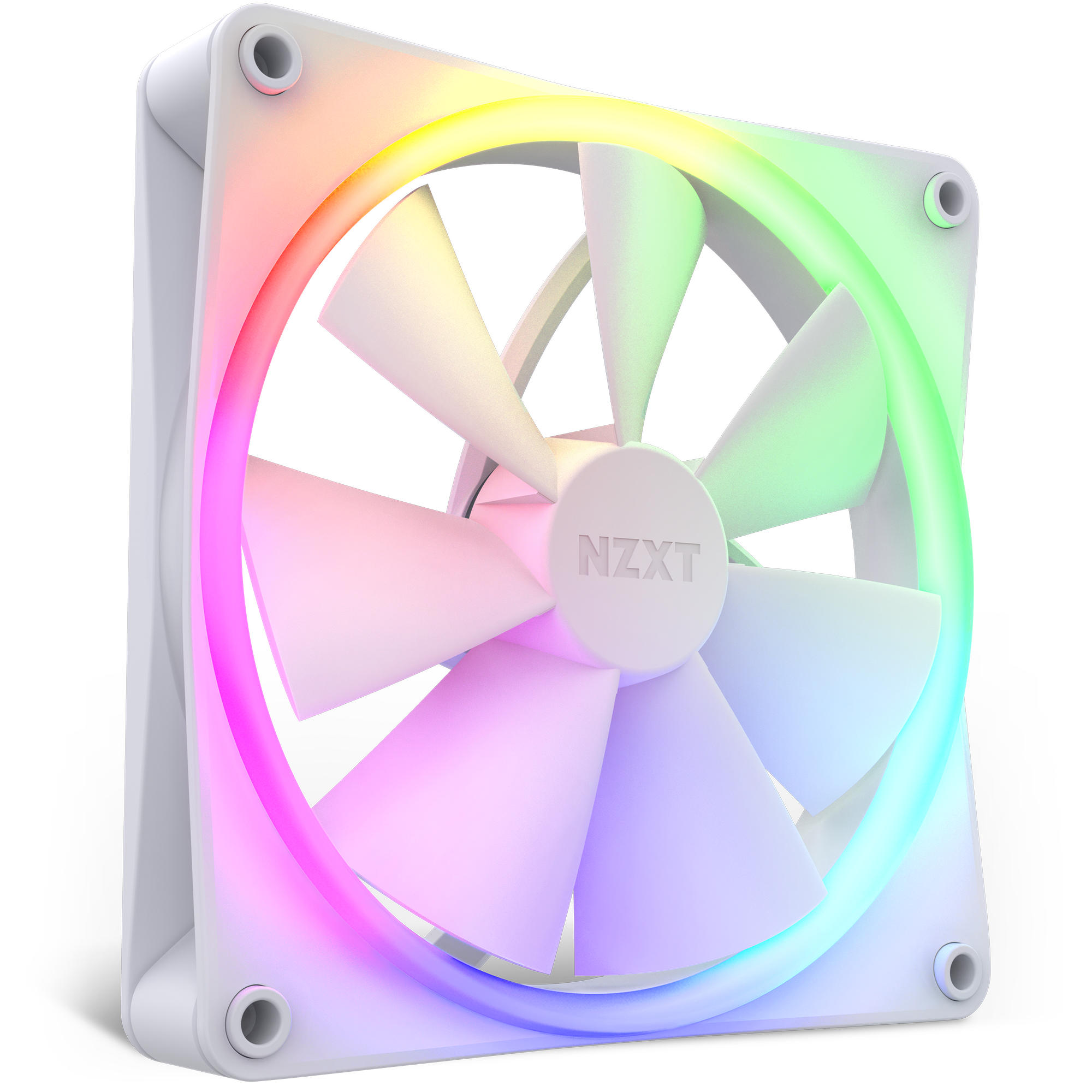 The NZXT F140 RGB is a white high-airflow computer fan featuring RGB lighting around its frame, displaying pink, blue, green, and yellow gradients. It is shown from a side angle against a black background.