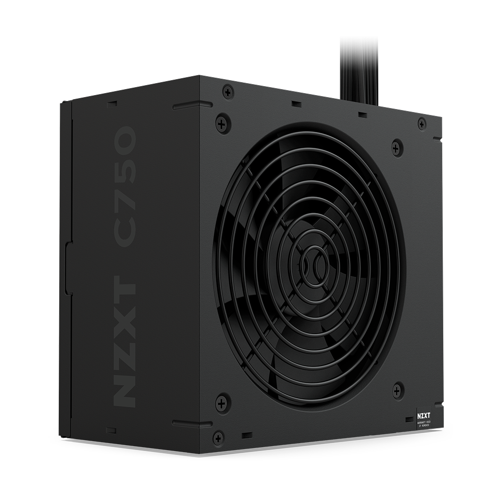 The NZXT C750 Bronze is a black 750W ATX power supply with visible cooling fan, modular cable ports, branding on top, and 80 Plus Bronze efficiency.