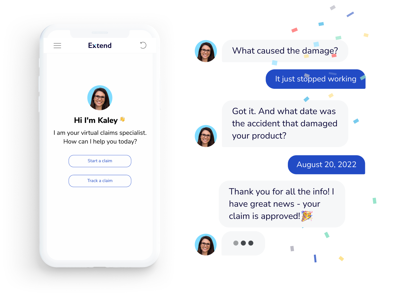 A phone screen shows a virtual claims specialist named Kaley offering help. Next to it, a text conversation discusses a damaged product, with Kaley approving a claim. Confetti appears around the approval message.