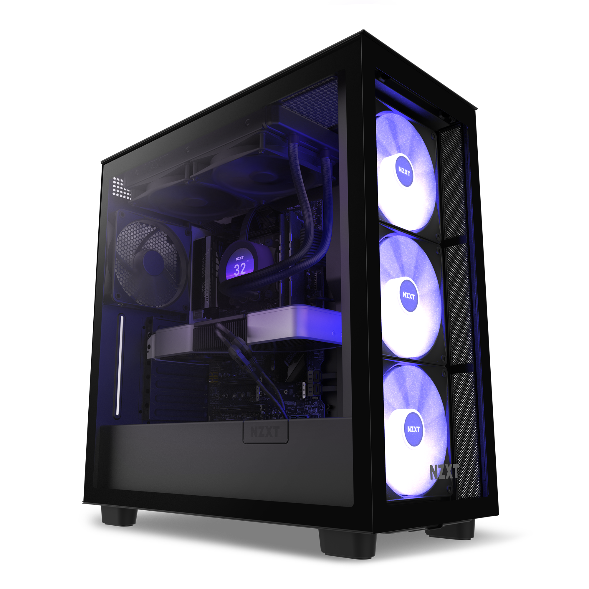 A black NZXT gaming PC with a transparent side panel, revealing internal components illuminated by purple LED lights and three front cooling fans labeled NZXT.