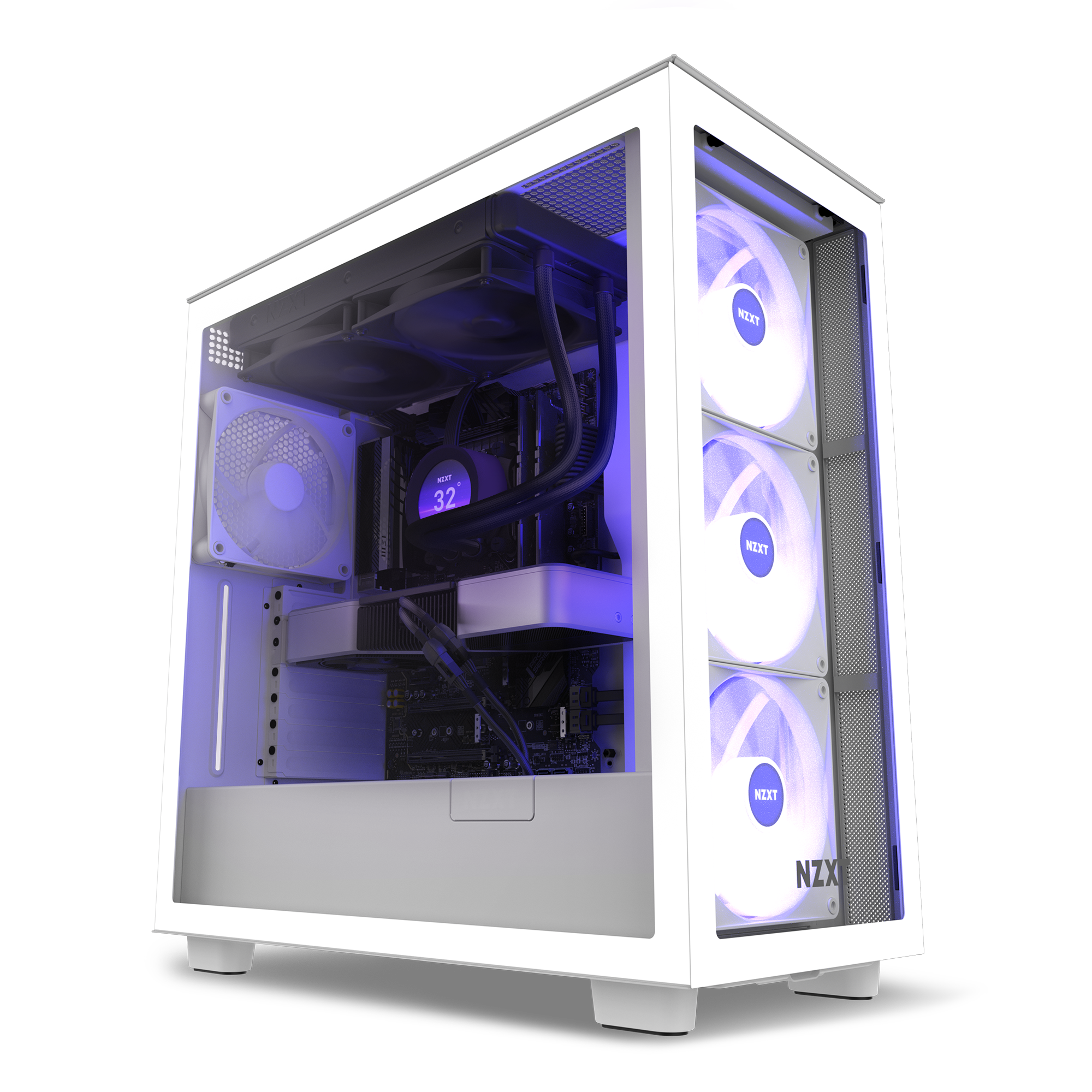 The NZXT Refurbished Prebuilt Exclusive 2024 Edition #8544 features a white case with a transparent side panel, showcasing LED-lit cooling fans, a liquid cooling system, and purple-blue illumination. Ideal for Prebuilt PCs, includes 2-year warranty.