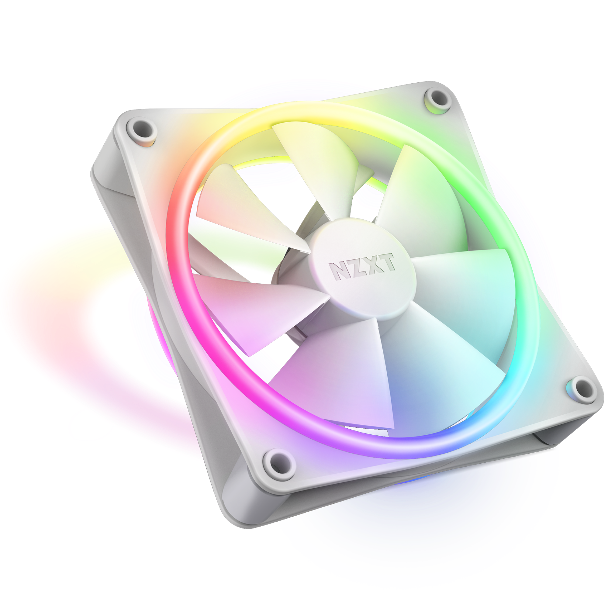 The NZXT F120 RGB Duo is a white computer cooling fan with RGB lighting along the frame, creating a colorful circular glow in red, yellow, green, and blue. It delivers high static pressure for efficient airflow in demanding setups.