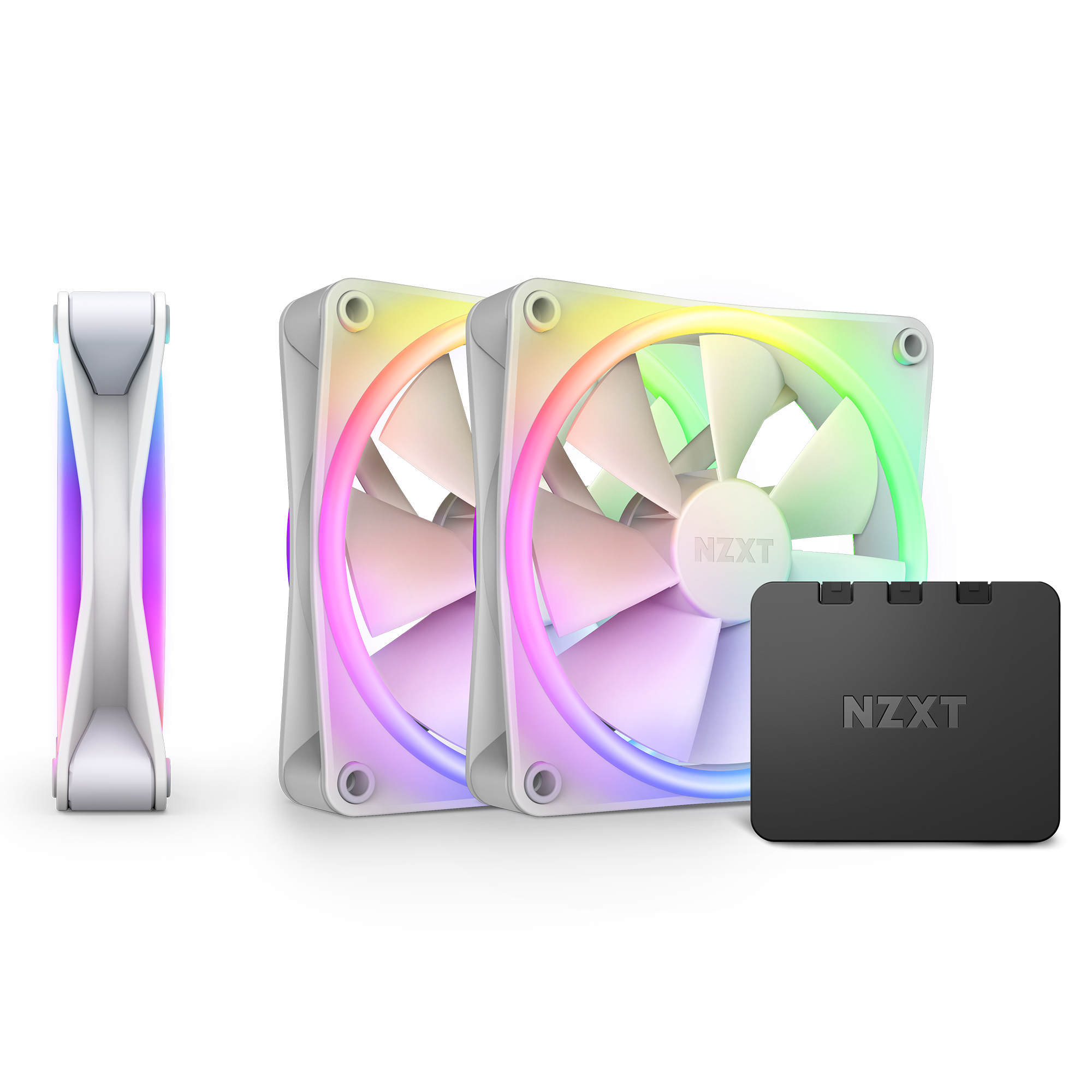 The NZXT F120 RGB Duo Triple Pack features two white RGB computer fans with vibrant multicolor lighting, a branded control unit compatible with NZXT CAM, and a high static pressure fan, all shown against a black background.
