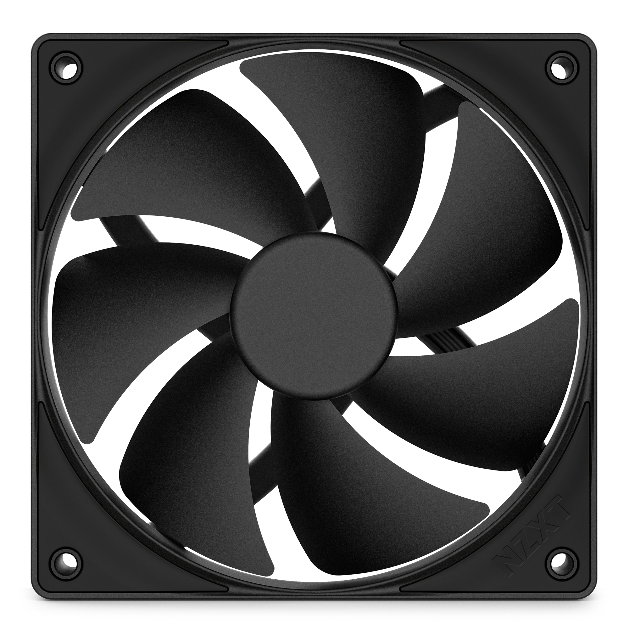 The NZXT F120P is a black computer cooling fan with optimized blades in a square frame featuring rounded corners and the embossed NZXT logo, shown from the front.
