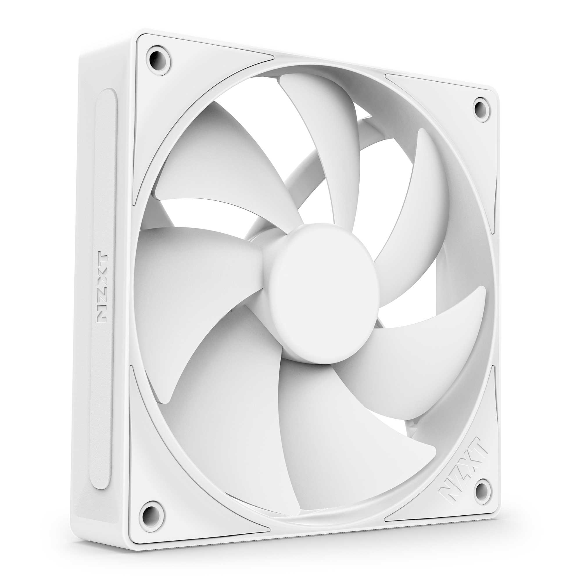 The NZXT F120P is a white computer cooling fan featuring seven optimized blades and a square frame. Seen at an angle, it displays its thickness and has the embossed NZXT logo on the side.