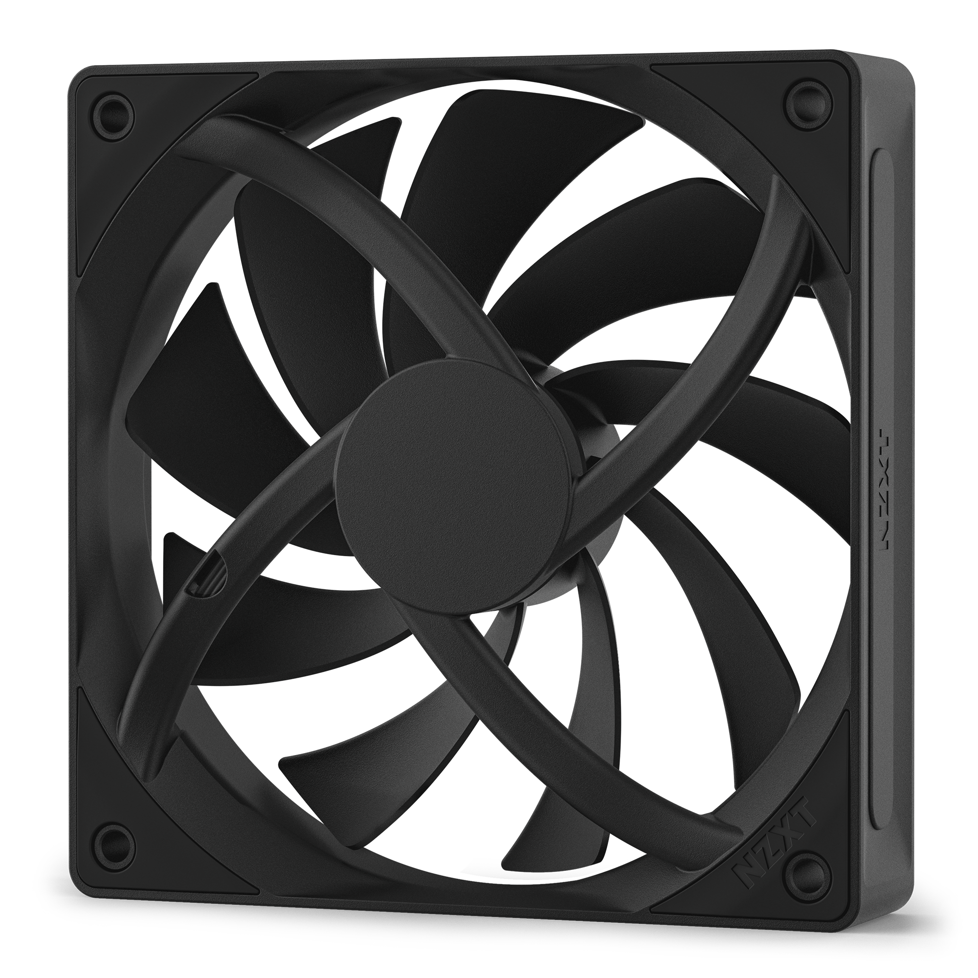 The NZXT F120Q is a black computer cooling fan with nine curved blades and a square frame, seen at an angle. It offers quiet airflow with Fluid Dynamic Bearings, and the NZXT logo is subtly embossed on the frame.