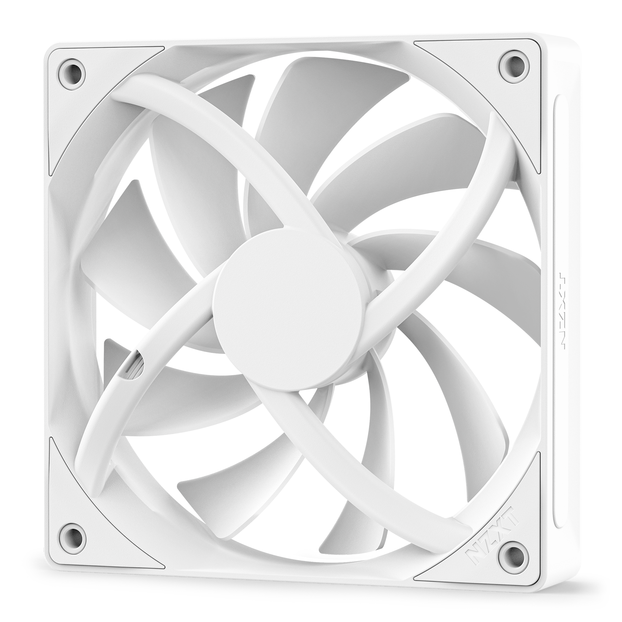 The NZXT F120Q is a white computer cooling fan with curved blades in a square frame, featuring quiet airflow, a modern design, and the NZXT logo subtly engraved on the corner.
