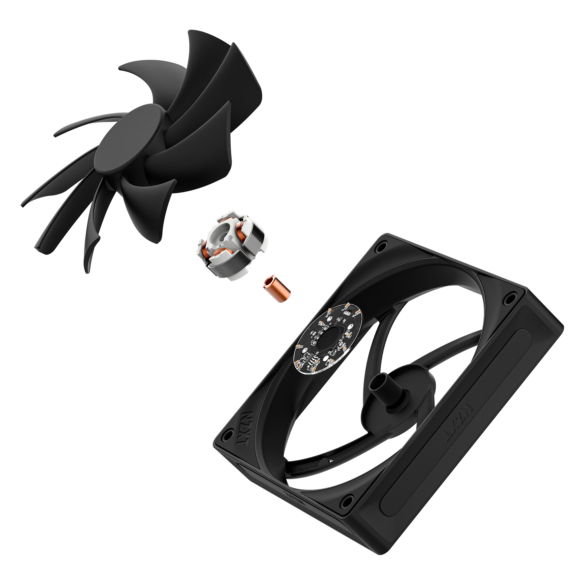 An exploded view of the NZXT F120Q black computer cooling fan, with Quiet Airflow Fans and fluid dynamic bearings. The fan blades, motor, and frame are separated and aligned against a black background.