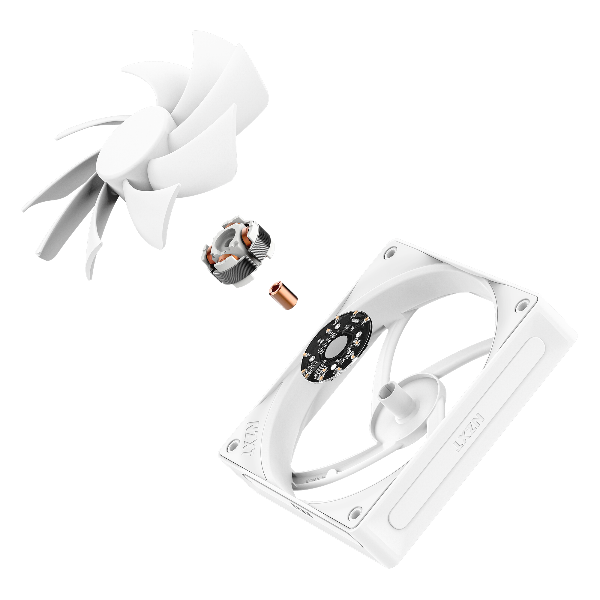 Exploded view of the NZXT F120Q white cooling fan on a black background, showing separated blades, motor, rotor, and square frame. Features Fluid Dynamic Bearings for smoother, quieter airflow.