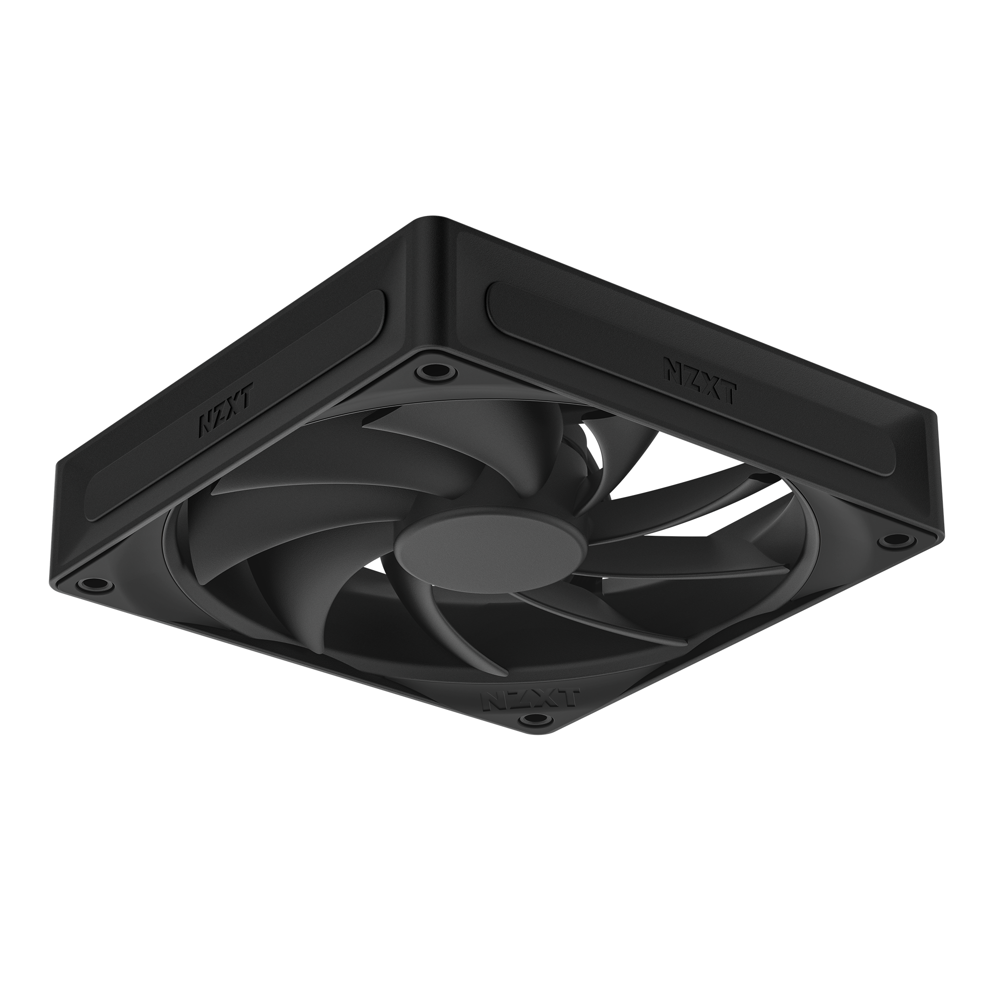 The NZXT F120Q is a black, square computer case fan with curved blades and Fluid Dynamic Bearings, featuring the NZXT logo on its sides, photographed from a low angle against a black background.